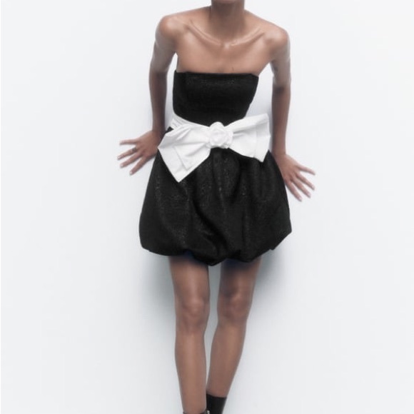 Zara Black Jacquard Dress With Contrast Bow Party Cocktail Night Out Mini - Picture 6 of 11